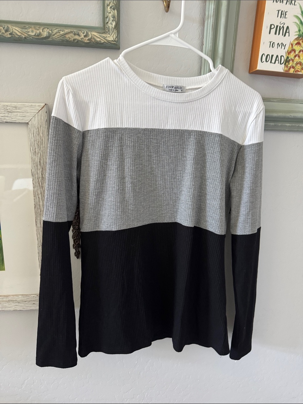Colorblock Ribbed Long Sleeve Tee - White Gray Black
